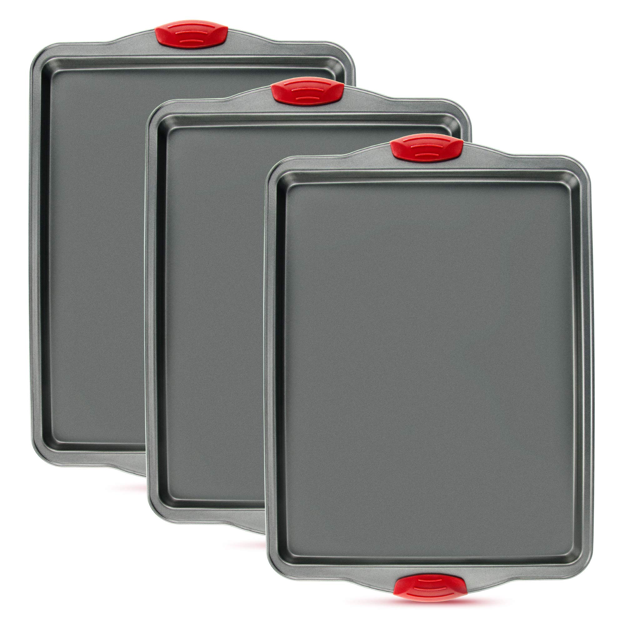 Cookie Sheets for Baking Nonstick Set of 3 - Heavy Gauge Carbon Steel Baking Trays with Silicone Handles, PFOA PTFE Free Rimmed Sheet Pan Oven Safe to 450F Dishwasher Safe Bakeware Boxiki Kitchen