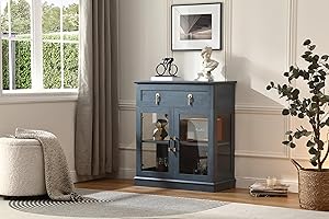 FOREST GRAVITY 31.5'' Accent Small Buffet Cabinet with Storage, Buffet Sideboard with Two Glass Doors and a Drawer,Small Coffee bar Cabinet with Adjustable Shelf,for Kitchen and entryway,Blue