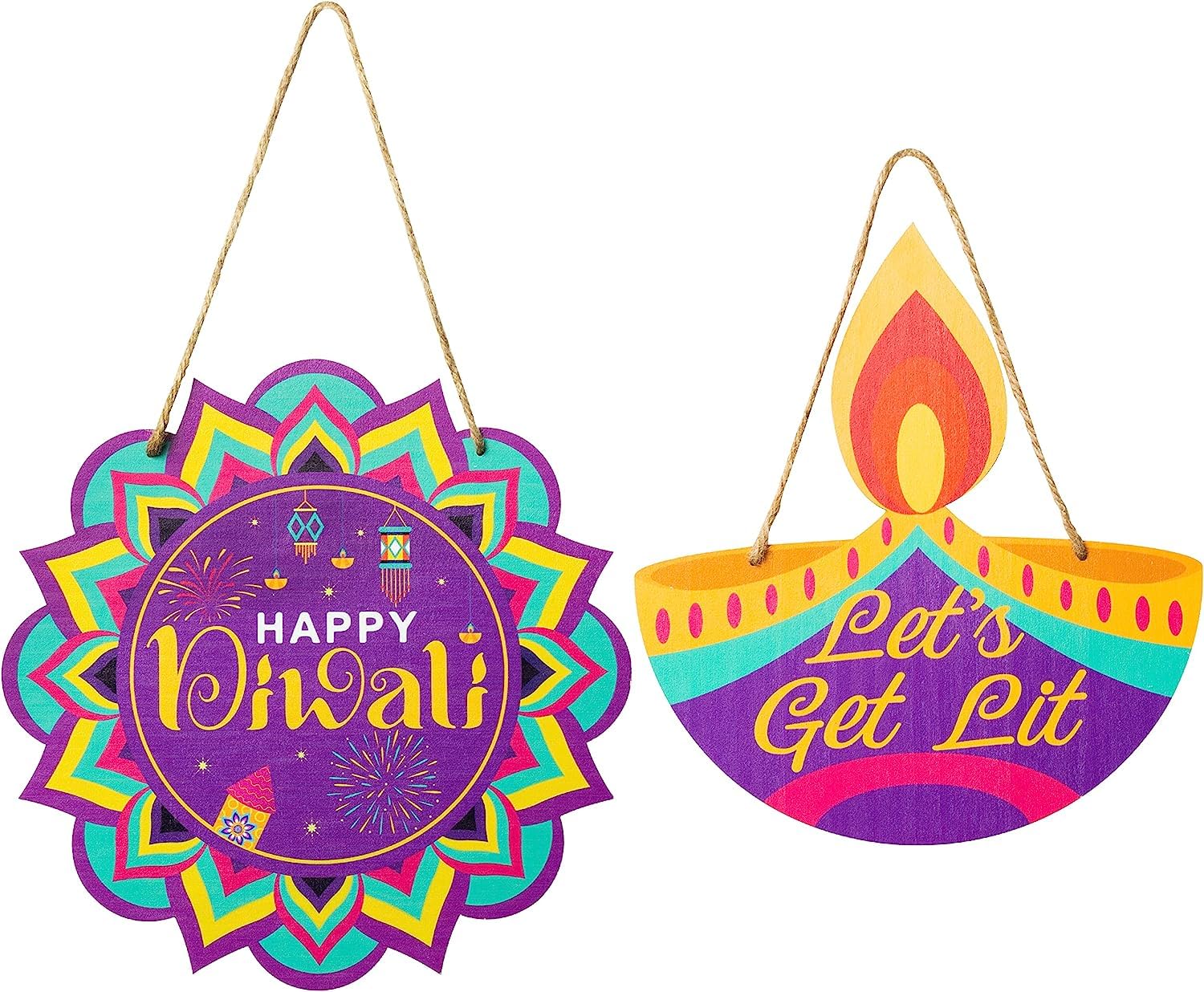 Haooryx 2Pcs Diwali Wood Hanging Door Sign Happy Diwali Welcome Sign Plaque with Hanging Rope Indian Festival of Lights Party Front Door Wall Porch Wooden Hanging Home Garden Decoration Party Supplies