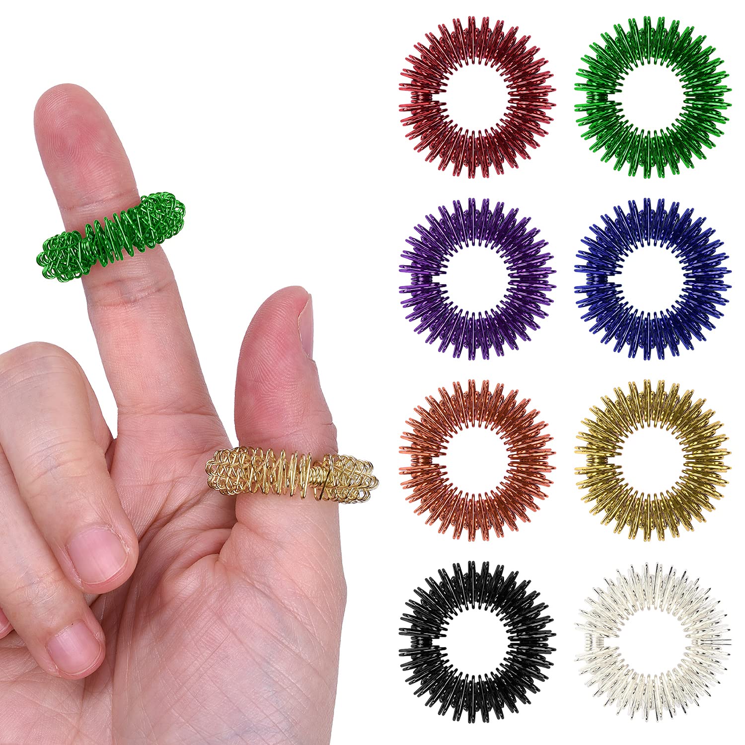 Wisdompro 16 Pcs Spiky Sensory Finger Rings, Metal Acupressure Rings, Silent Anxiety and Stress Relief Fidget Ring Set for Men, Women, Adults - 8 Colours