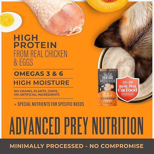 TIKI CAT SOLUTIONS DIGESTION MOUSSE, CHICKEN & EGG RECIPE IN BROTH, FORMULATED TO SUPPORT HEALTHY DIGESTION, FUNCTIONAL WET CAT FOOD, 2.4 OZ. POUCH (12 COUNT)