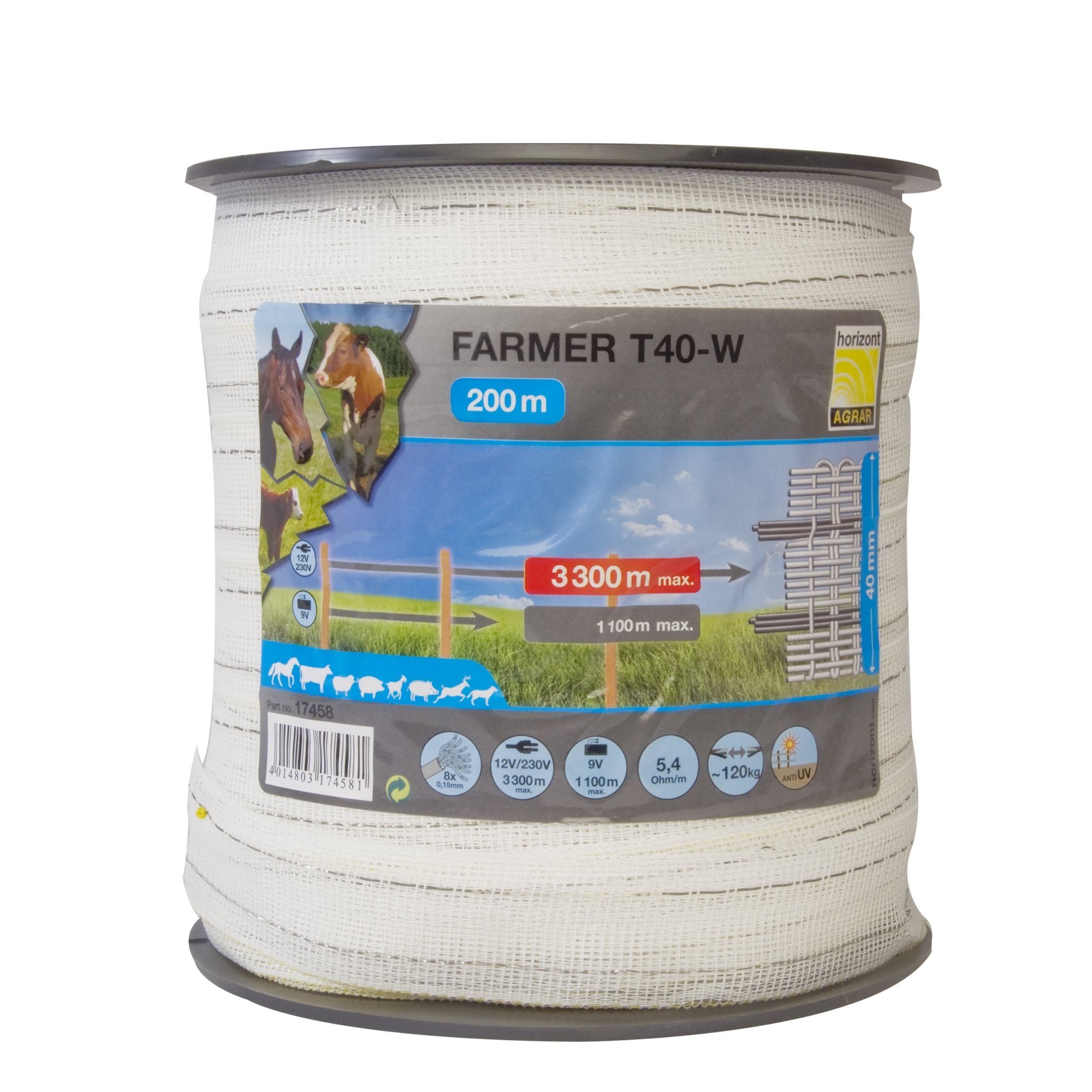 Horizont Polytape "Farmer T20-W", 20Mm, White, 4 Stainless SteelConductors, 200M-Spool