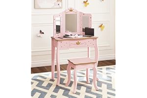 UTEX Pretend Play Kids Vanity Set with Mirror and Stool, Kids Make Up Vanity Desk with Mirrror for Little Girls, Children Makeup Dressing Table with Drawer, Pink