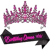 VELSCRUN Birthday Queen Tiara Crowns for Women Girls Rose Pink Crystal Birthday Queen Headband Sash Elegant Princess Crown Happy Birth Party Decorations Mom Sisters Birth Gift Hair Accessories