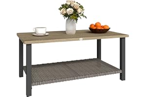 Outsunny Outdoor Coffee Table, 2-Tier Rectangle Outdoor Patio Table with Wood-Effect Metal Top, PE Wicker Storage Shelf and S