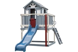 Backyard Discovery Beacon Heights Elevated Cedar Wooden Kids Playhouse with Wave Slide, Play Kitchen, Wrap-Around Deck, Flat-Step Ladder, Half Door, Windows, Bell, and Growth Chart for Outdoor Play