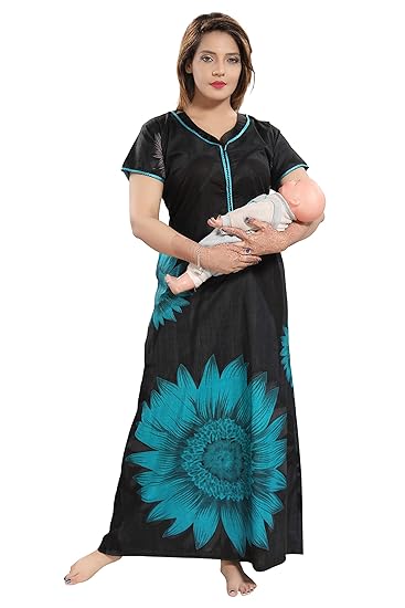 Long Zip Cotton Nighty/Night Gown/Nightwear(Multipurpose - Regular & Feeding Nighty)(Size:Free Bust:44)