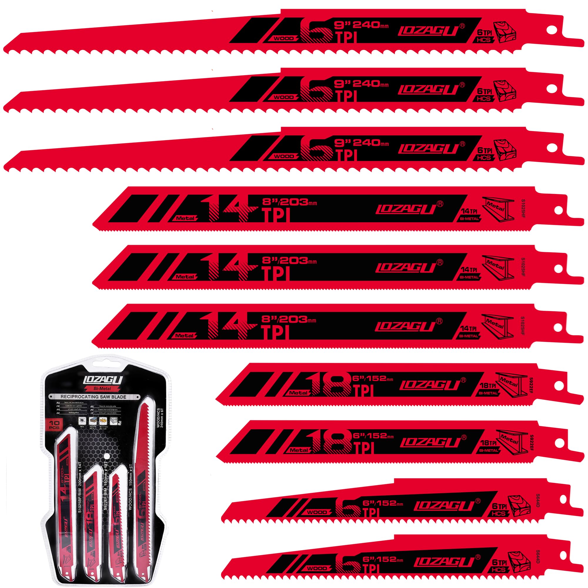 Photo 1 of LOZAGU 10-Piece Reciprocating Saw Blades Set, 6 to 9 Inch Metal/Woodcutting Saw Blades, Pruner Saw Blades