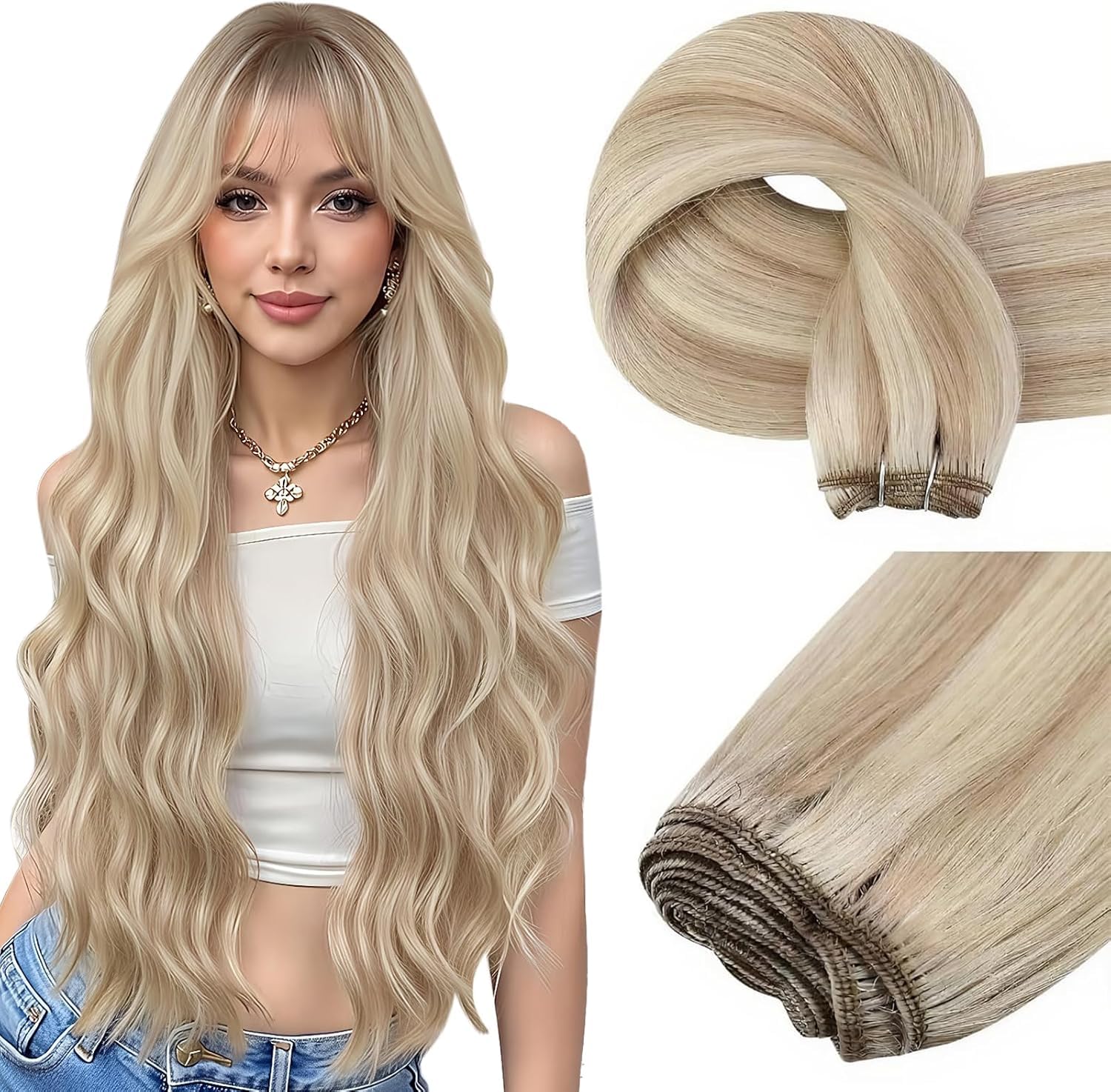 Easyouth Sew in Hair Extensions Highlight Blonde Weft Hair Extensions Ash Blonde Double Weft Human Hair Extensions Blonde Remy Hair 20 Inch 100g