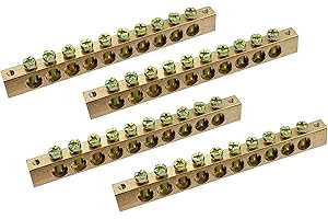 LBY 4pcs 4.21" x .31" x .47" Copper Ground Bar, 10 Holes Distribution Cabinet Wire Screw Terminal Ground Bar, with Screws, Brass, Golden-Yellow