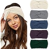 CIEHER 5 Pieces Knit Wide Winter Headbands for Women,Crochet Turban Headbands, Stretch Knit Wide Headband Winter Ear Warmer Thick Head Band (Beige, Blue, Grey, Green, Purple)