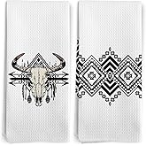 BitKAM Boho Western Aztec Kitchen Towels, Aztec Decor Dish Tea Towels for Kitchen, Rustic Boho Bull Skull Decorative Hand Towels for Bathroom, Western Bathroom Decor, 16x24 Inch Set of 2