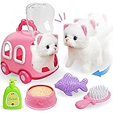 SMILESSKIDDO Walking Cat Toys for Girls - Electronic Kitty Meow with Wagging Tail, Storage Cage and Accessories, Interactive Pet Care Playset, Gifts for Toddlers 1 2 3 4 5 6 Year Old