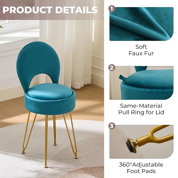 RUCUKEN VELVET GREEN SMALL VANITY CHAIR & STOOL – 13″ DX13 W FOLDING BACK STORAGE OTTOMAN, ANTI-SLIP GOLDEN V-LEG FOR BEDROOM MAKEUP ROOM