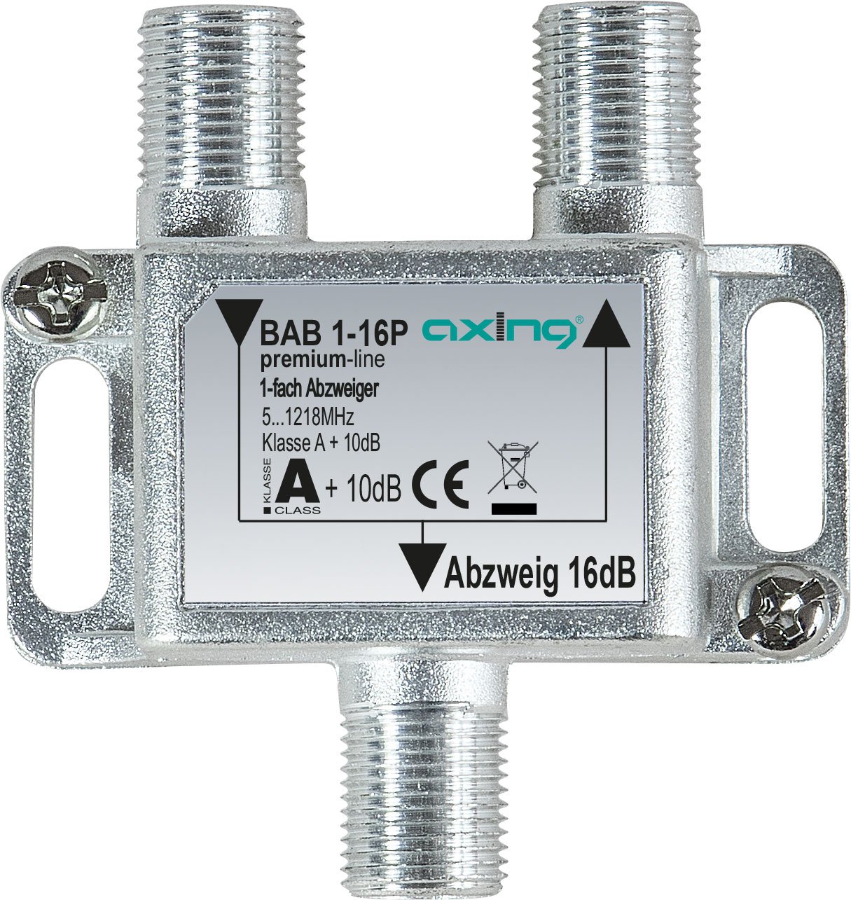 Axing BAB 1-16P 1-Way Splitter 16 dB Cable TV CATV Multimedia DVB-T2 Class A+, 10 dB, 5-1218 MHz Metal