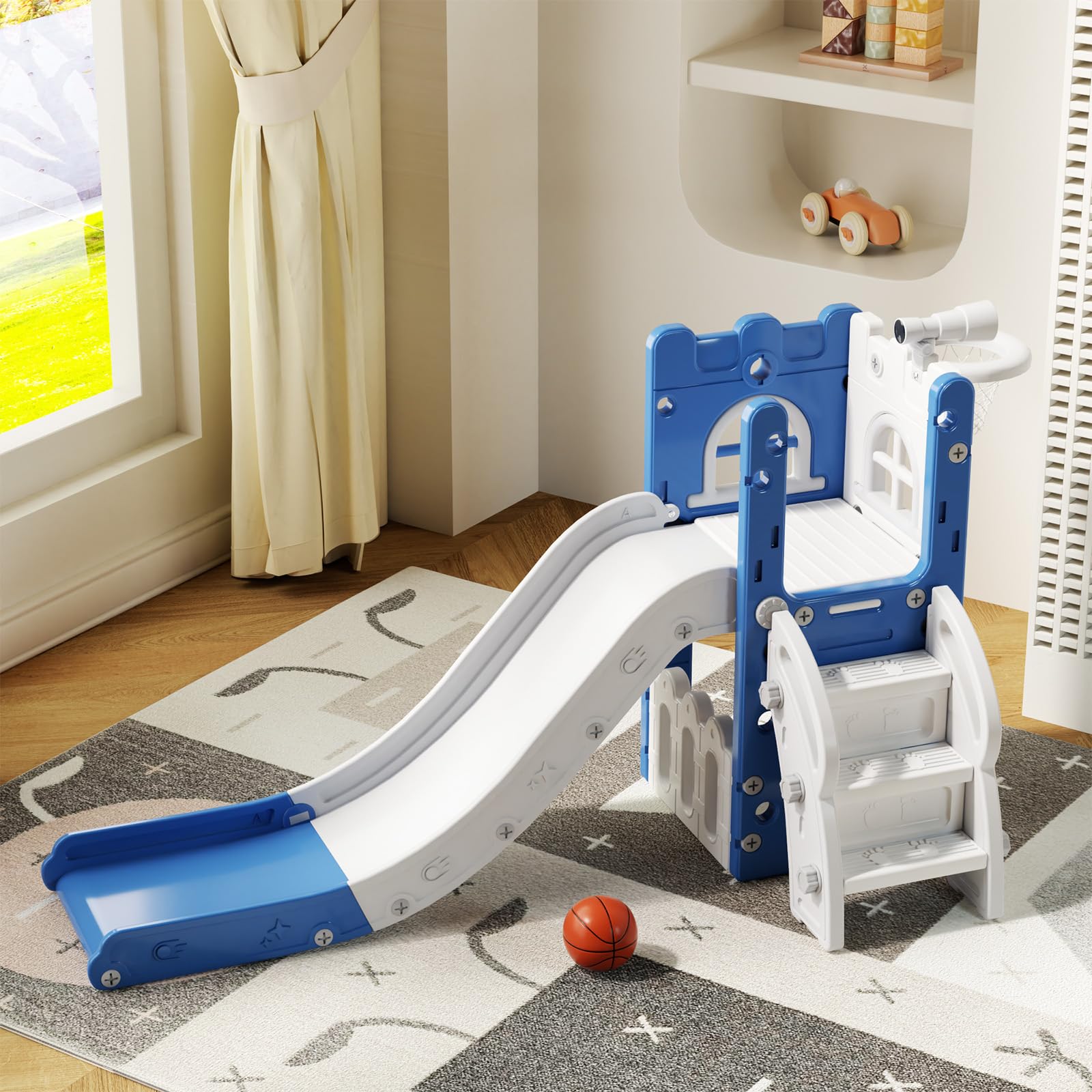 6 in 1 Toddler Slide,Kids Playset for Toddlers Indoor Outdoor, Baby Slide with Basketball Hoop, Telescope & Storage Space,Non-Slip Steps for Great Gift