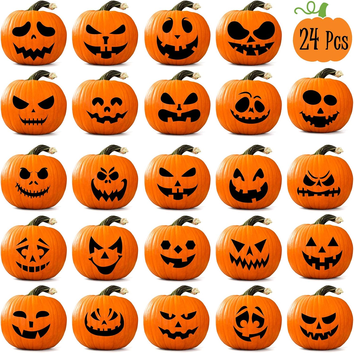 Whaline Halloween Pumpkin Stickers 24Pcs Black Pumpkin Face Stickers 28x35cm Classic Expression Decals for Pumpkins and Squashes Make Your Own Jack-O-Lantern Face Decals for Halloween Party Decoration