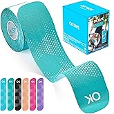 OK TAPE Synthetic Kinesiology Tape Precut Strips, Waterproof Elastic Athletic Tape for Pain Relief & Muscle Support, Reflective Design, 2in×16.4ft Roll, 20 PCS -Cyan