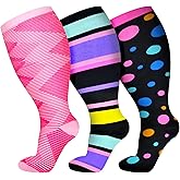 AuSletie 3 Pairs Plus Size Compression Socks for Women Wide Calf Extra Large Knee High Support for Travel,Yoga, Running