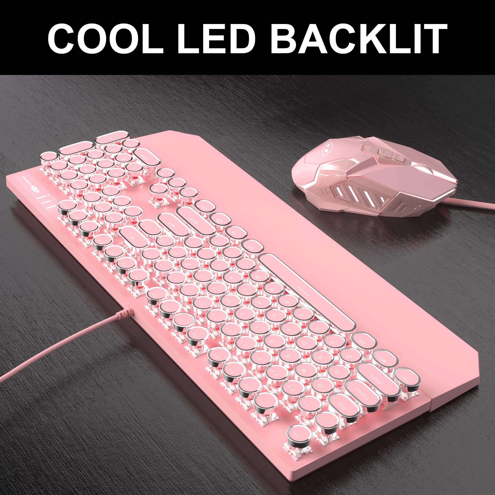 Retro Pink Typewriter-Style Keyboard and Mouse Combo, Cute Light Up Wired Mechanical Keyboard with Linear Red Switches, Full Size for Gaming, Work, Mac, PC, Windows