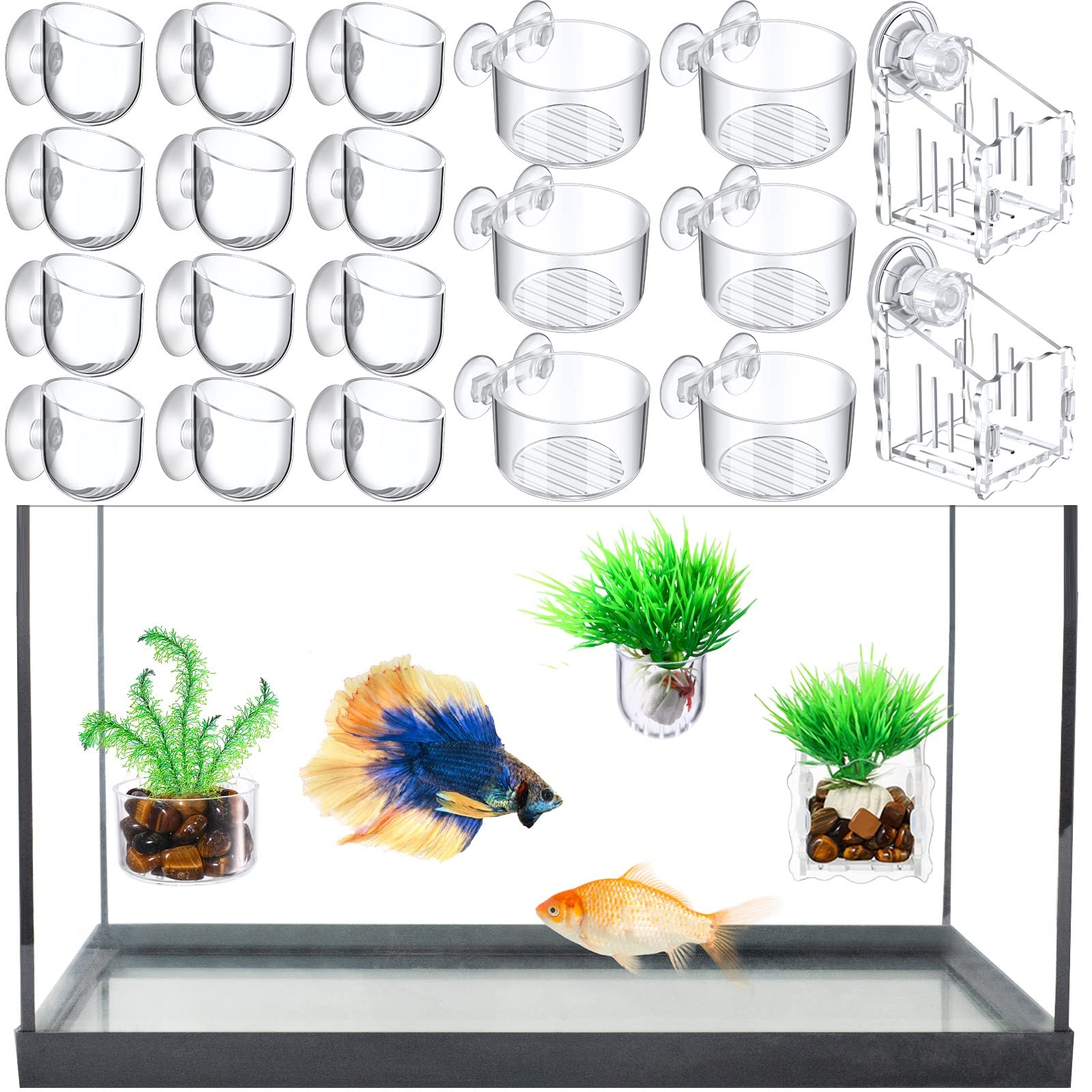 Photo 1 of Potchen 20 Pcs Aquatic Plant Cups with Hole Transparent Acrylic Plant Pot with Suction Cups Aquarium Aquatic Planter Aquarium Holder Fish Tank Aquascape Decoration, 3 Shapes