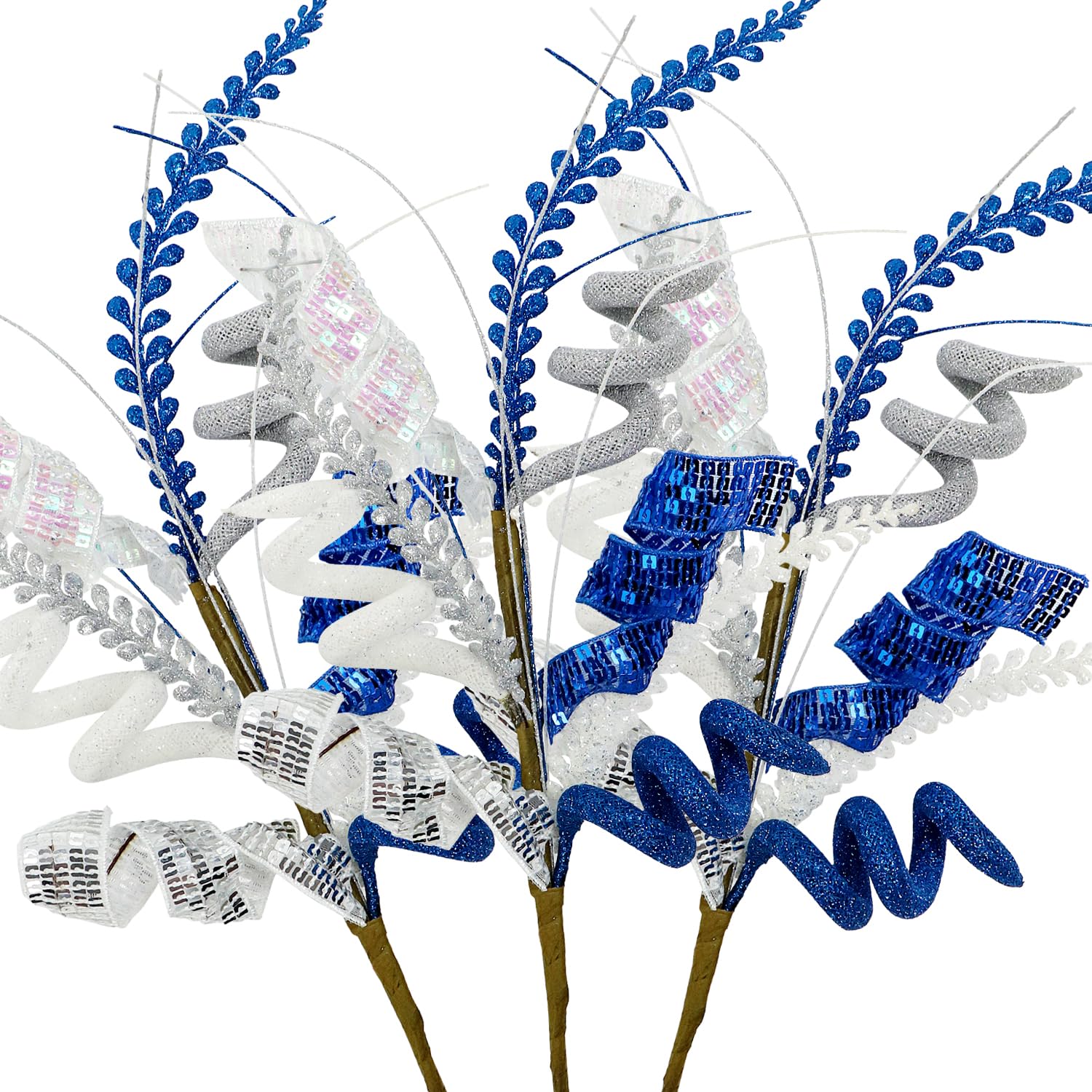 Photo 1 of 3Pcs Christmas Sequin Curly Picks, 16inch Artificial Glitter Curly Twigs Sprays Decorative Stem Xmas Tree Topper Ornaments for Christmas Decoration Vase Filler Home Office Decor (Silver Blue White)