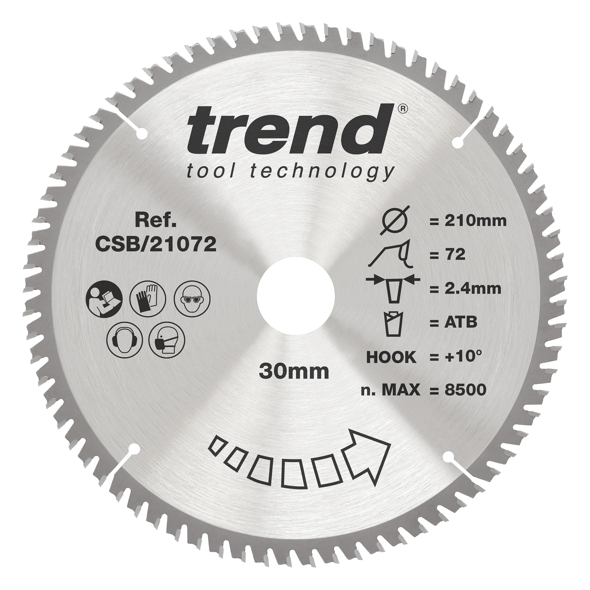 Trend Wood Circular Saw Blade, 210mm Diameter, 30mm Bore, 72 Teeth, 2.4mm Kerf, +10° Hook, TCT, Extra-Fine Finish, CSB/21072