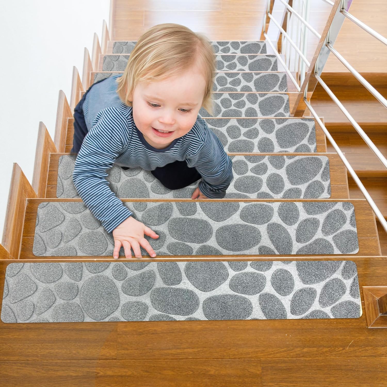 Heavyduty Non Slip Stair Treads 15 Pack – Self Adhesive Residue Free, Machine Washable Reusable 30″X8″ Mats – 100% Polyester TPE Backing Indoor Wooden Stair Runner, Stone Grey