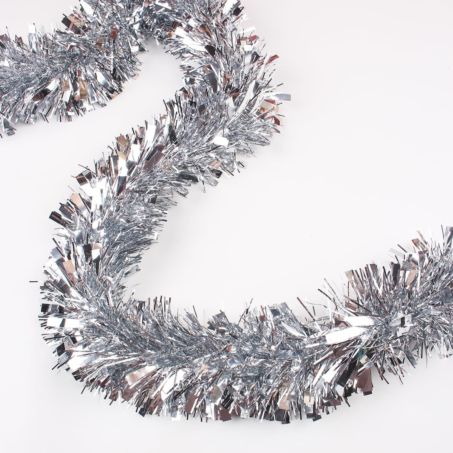 KAHEIGN 8M Christmas Tinsel Garland, Silver Color Metallic Tinsel Chunky Glittering Tinsels Thick Shiny Garland for Christmas Tree Decoration