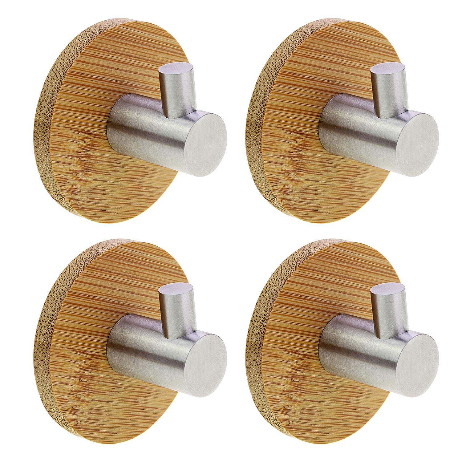 KEESIN Adhesive Hooks Bamboo and Stainless Steel Ultra Strong 3m Hanger Towel Hooks for Kitchen Bathrooms Lavatory Closets (Single Hook-4Pcs)