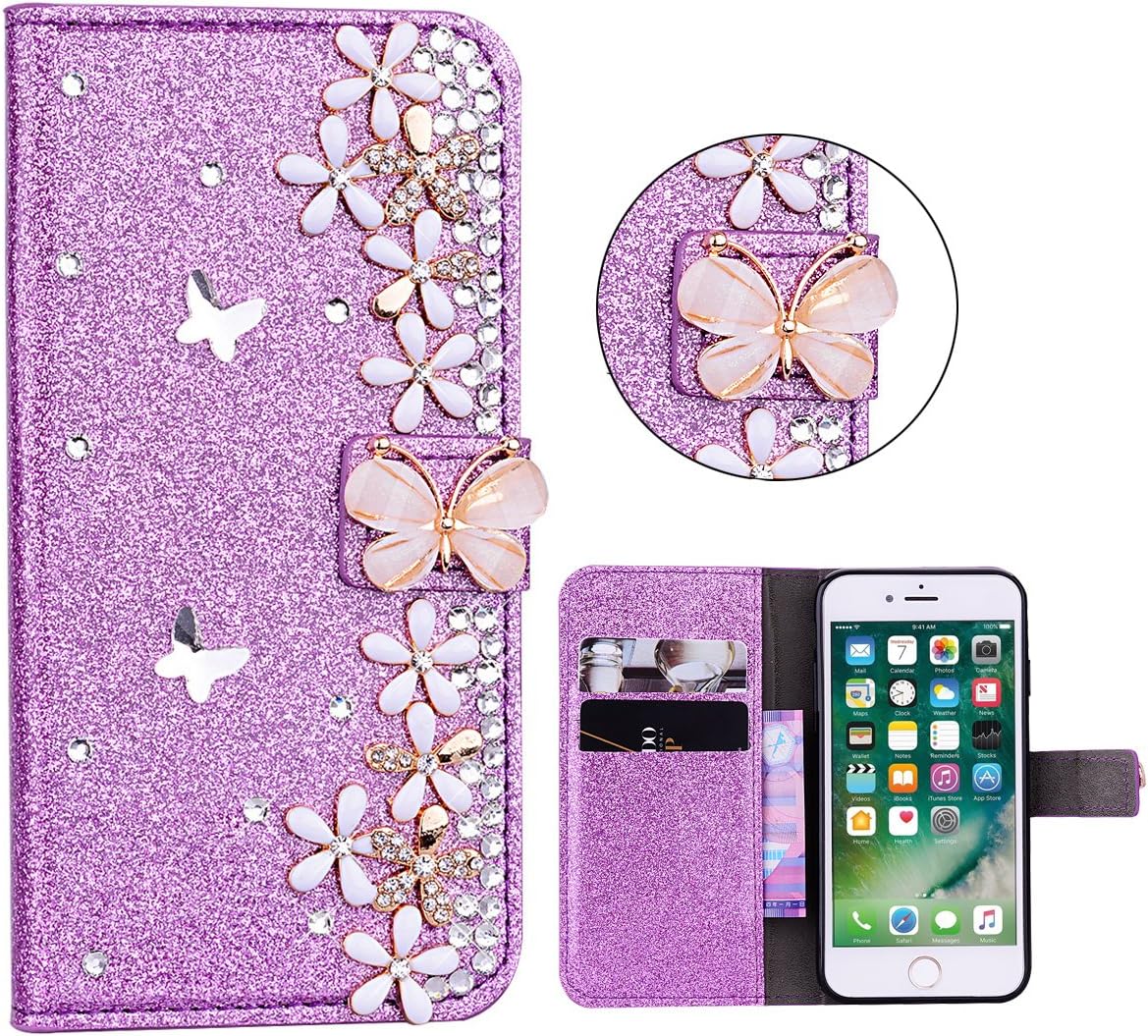 Xifanzi Glitter Wallet Case for iPhone 6 Plus 6s Plus 5.5" Purple Glitter Magnetic Bling Glitter PU Leather Flip Case Wallet 3D Diamond Butterfly Flowers Wallet Buckle Protective Cell Phone Cases