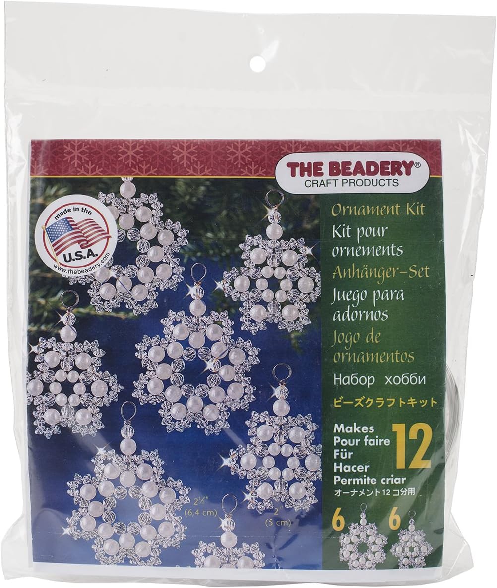 Beadery BOK-7335 Holiday Beaded Ornament Kit Crystal and Pearl Snowflakes 2.5-inch Makes 12, Transparent