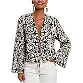 GORGLITTER Women's Boho Floral Tie Front Tops Deep V Neck Bell Sleeve Bohemian Blouse Shirts 2000s Clothing