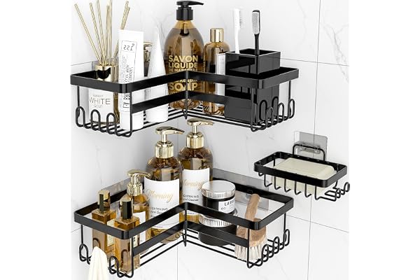 StorageRight Corner Shower Caddy, 3 Pack Adhesive Bathroom Accessories with Soap Holder, Storage Stainless Shower Organizer S