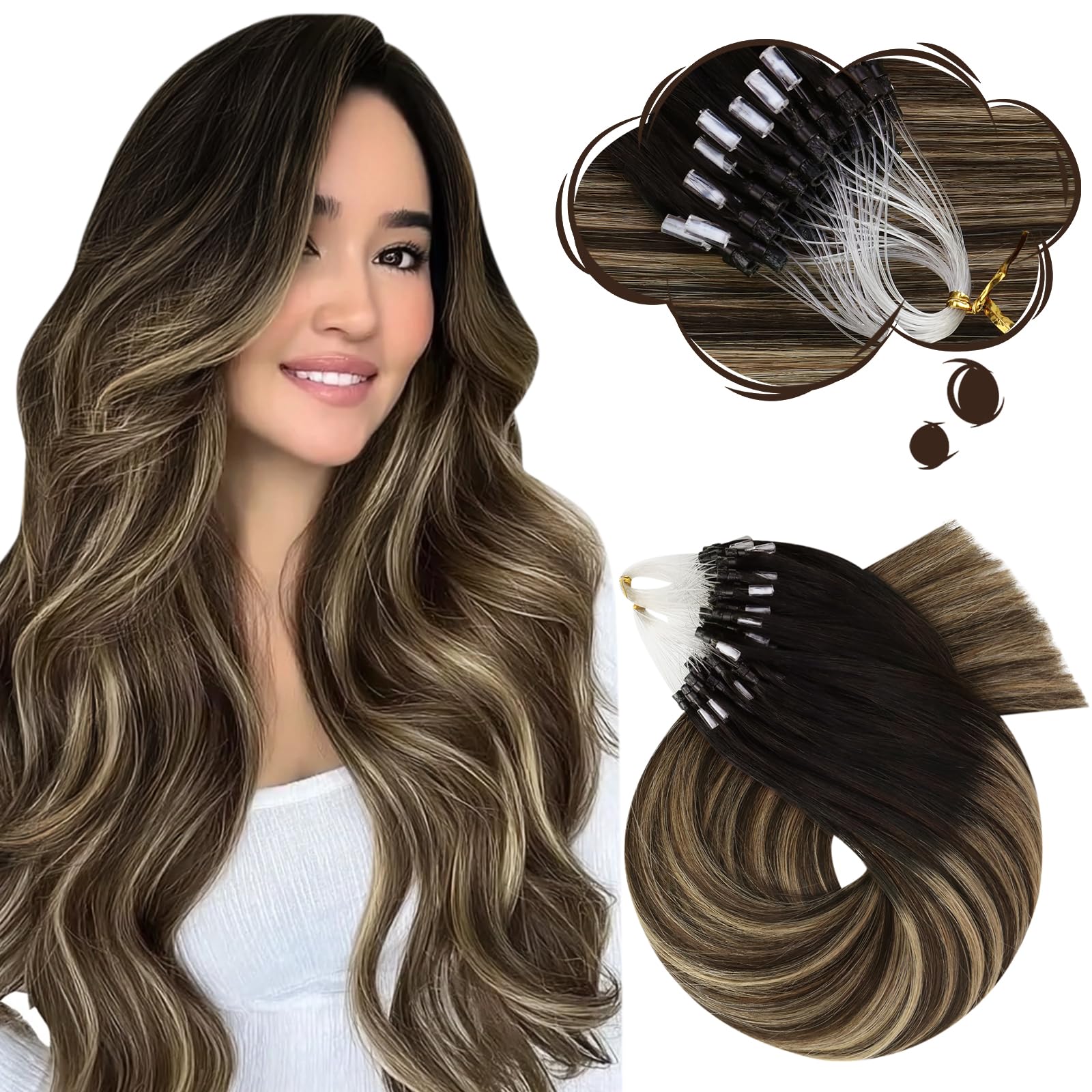 Moresoo Micro Ring Hair Extensions Real Human Hair Balayage Microloops Hair Extensions Black to Dark Brown with Caramel Blonde 1g/s 50g/Pack 24 Inch #1B/3/27 — image 1