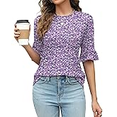Rapbin Womens 3/4 Length Sleeve Tops Loose Fit Casual Crew Neck Shirts Ruffle Tunic Blouses