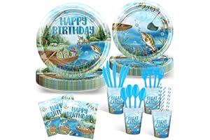 Avezano 192 pcs Fishing Birthday Decorations Fishing Birthday Party Disposable Plates and Napkins Set Fisherman Party Paper Tableware Supplies Serve 24