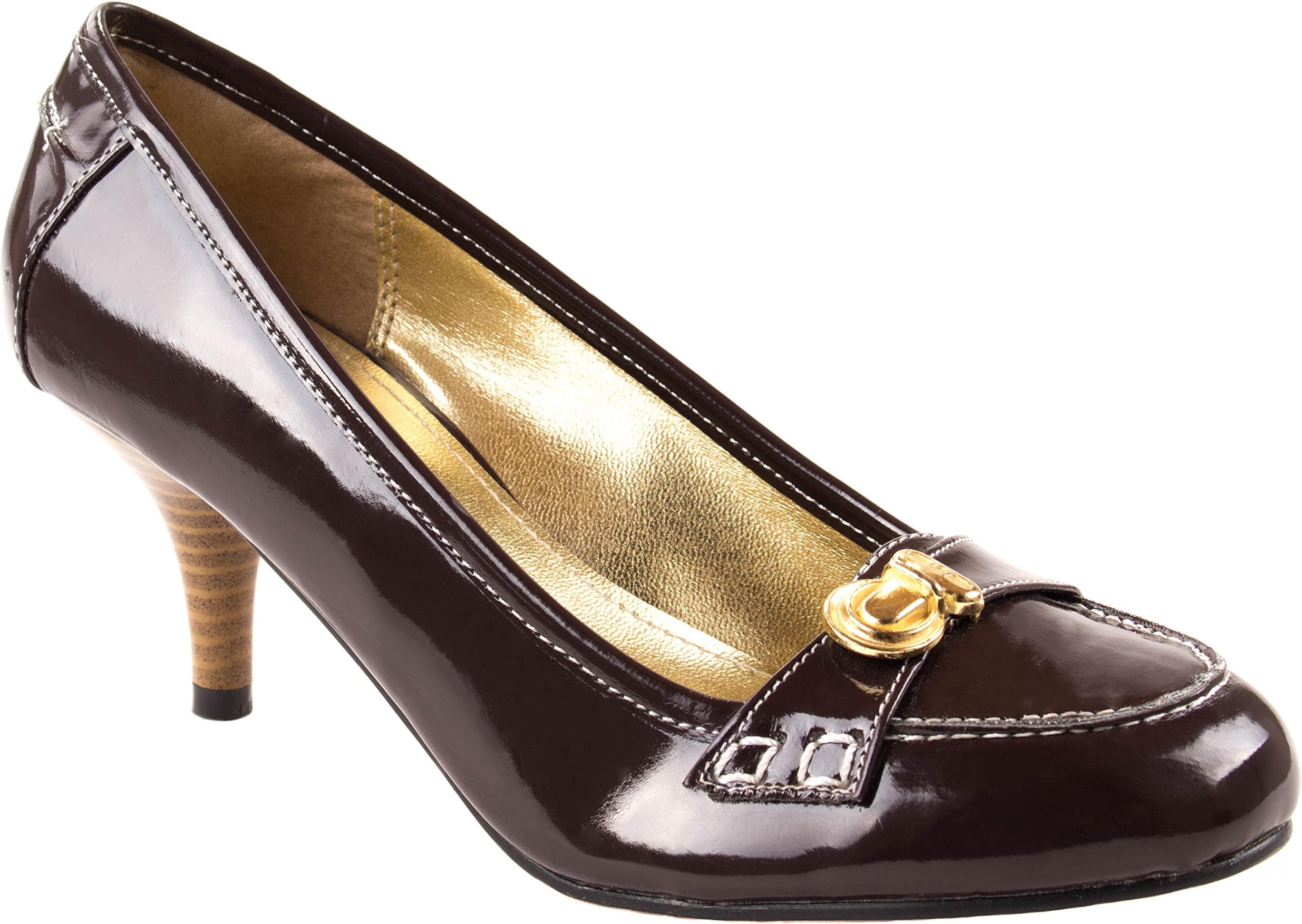 Karolyn Shoes Women's Brenda-4 Drk.Brown Patenet Leather Kitten Heel Pumps with Decorative Button on Front End 7 D(M) US