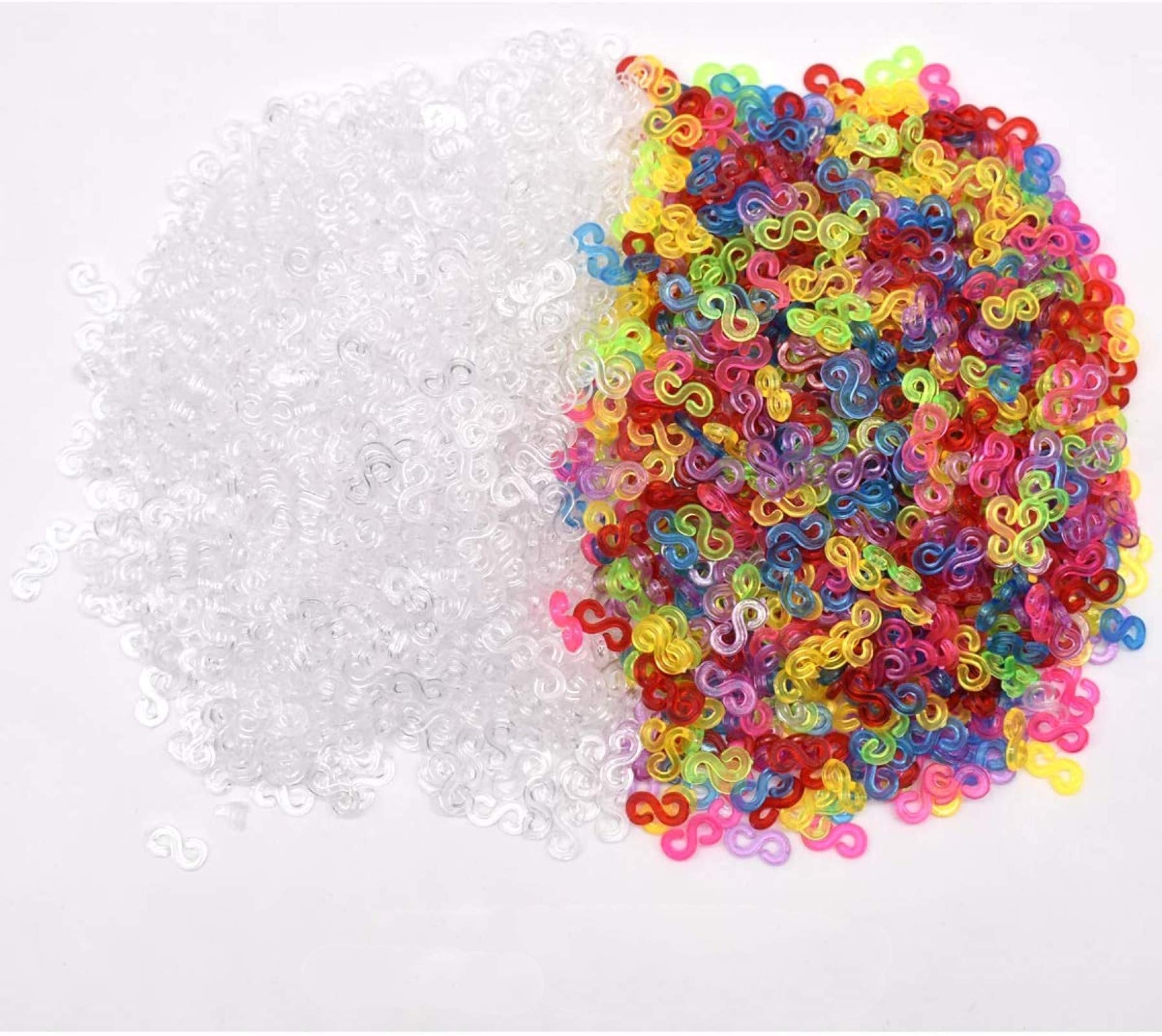 Kuesn 400Pcs S Clips for Loom Bands Bracelet Woven Connector S Clips Multicolor Rubber Band Plastic Connectors for DIY Weaving Bracelet Necklace Jewelry Accessories (Transparent+Colourful)