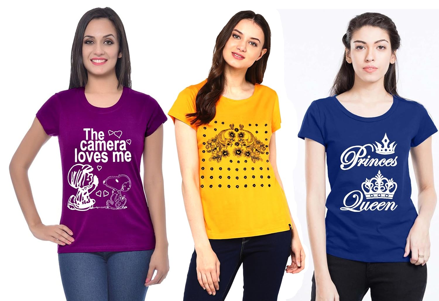 modish women's round neck cap sleeve printed cotton t-shirts combo of 3 t-shirts