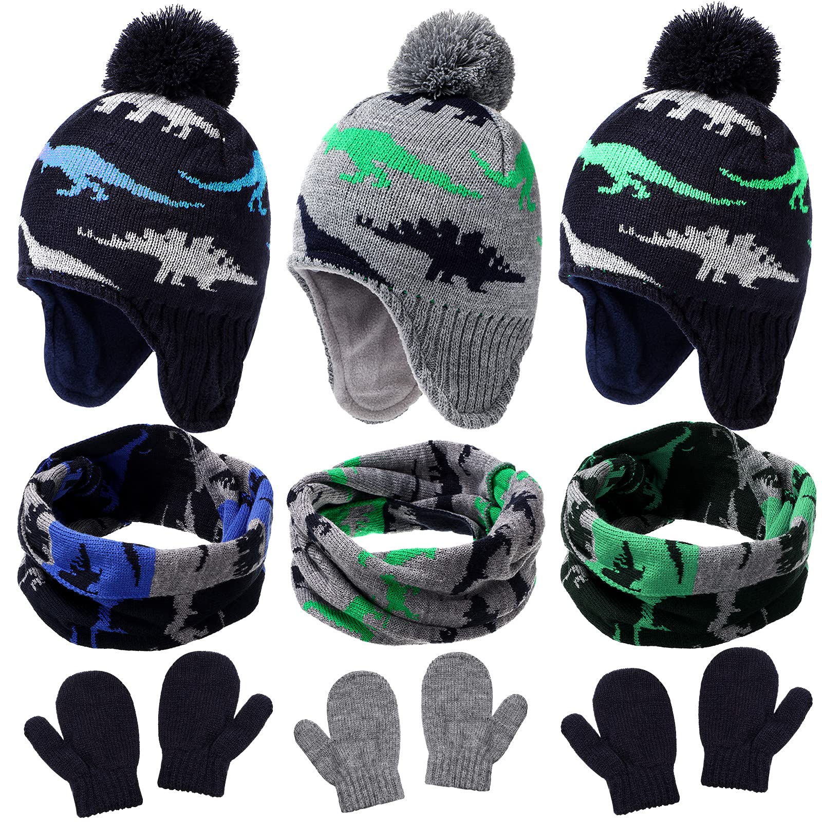 Photo 1 of 9 Pieces Baby Winter Hat Scarf Mittens Set Including Pompom Dinosaur Beanie Knitted Toddler Gloves Warm Fleece Scarf