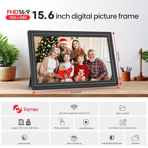 64GB 15.6″ FRAMEO DIGITAL PICTURE FRAME WIFI, LARGE ELECTRONIC PHOTO FRAMES 1920 X 1080 IPS FHD TOUCH SCREEN, SEND PHOTOS FROM YOUR PHONE FROM ANYWHERE, BEST GIFTS FOR PARENTS AND GRANDPARENTS