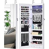 GISSAR Full Length Mirror Jewelry Cabinet, 6 LEDs Jewelry Armoire Wall Mounted Over The Door Hanging, Jewelry Organizer Storage with Lights Lockable White