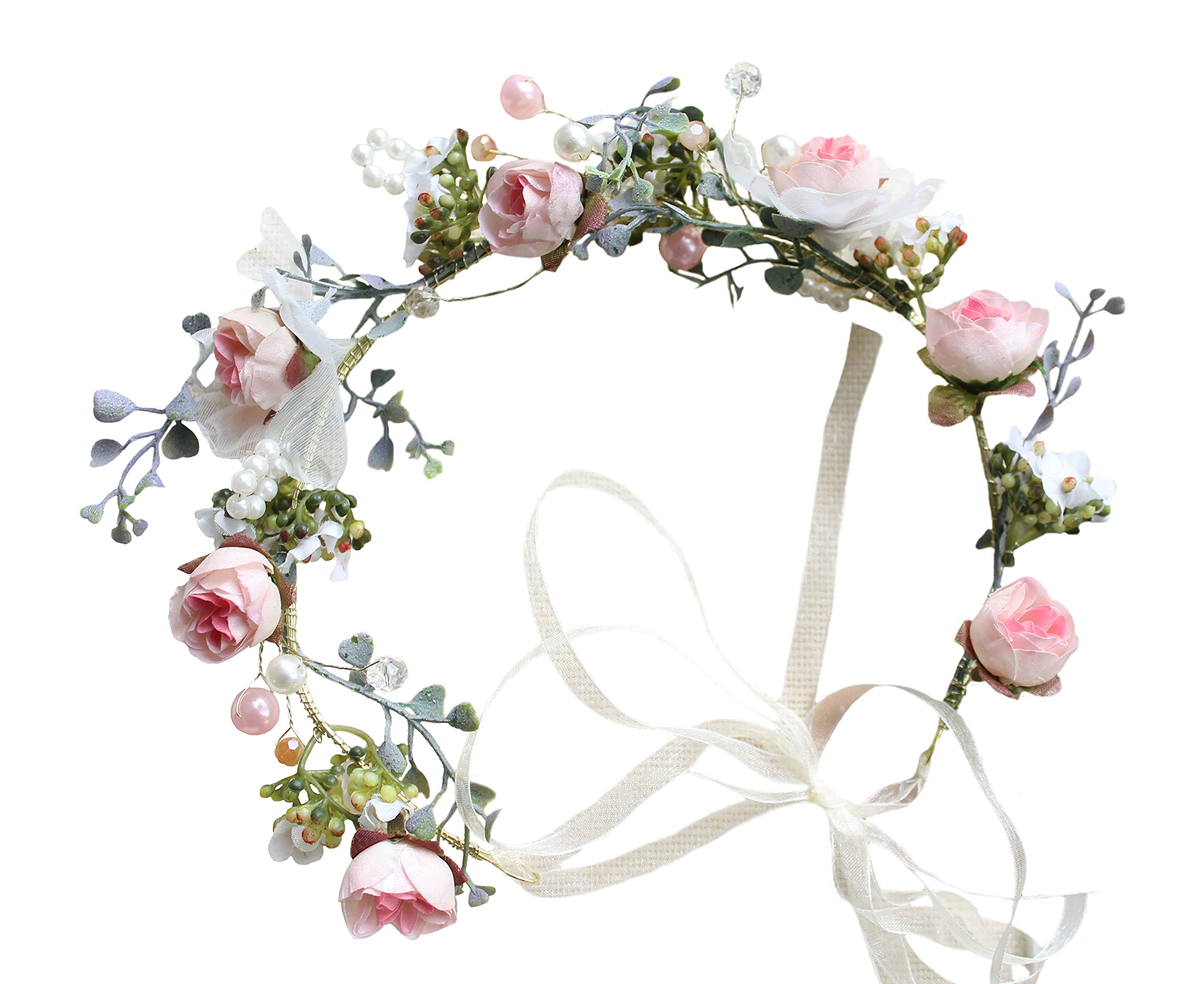 Brikuinr Bridal Floral Crown Flower Pearl Headband Hair Wreath Hair Garland Flower Halo Floral Headpiece with Ribbon Wedding Party Festival