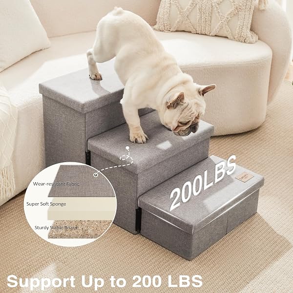 LOVE’S CABIN DOG STAIRS FOR HIGH BED 18″H,FOLDABLE PET STAIRS FOR SMALL MEDIUM OR LARGE DOGS PUPPY WITH STORAGE FOR BED OR COUCH, CAT DOG STEPS RAMP WITH ZIP UP TO 200 LBS(SOLID GREY,3 STEPS NO CONDO)