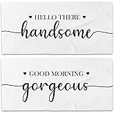 WAITPI Couple Good Morning Gorgeous Hello There Handsome Beach Towel Set of 2, Honeymoon Wedding Valentines Beach Towels Gifts for Bride Groom, His and Hers Beach Towels Decor for Bathroom 30x60in