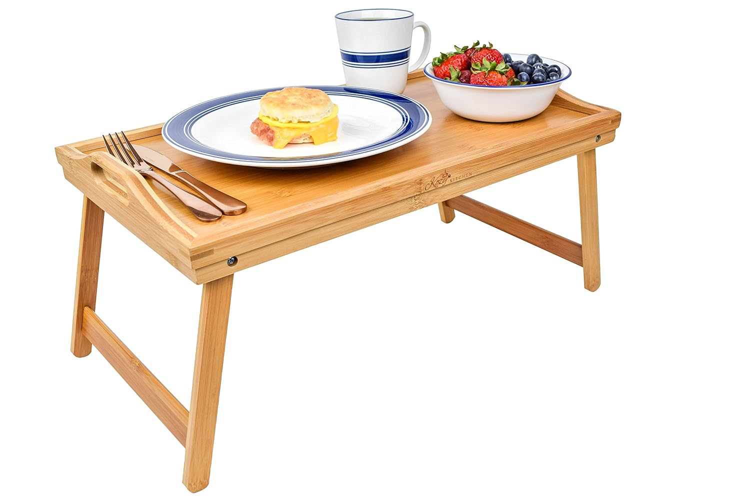 KOZY KITCHEN Foldable Breakfast Tray| Large Organic Bamboo Folding Serving Tray, Laptop Desk, Bed Table, Lap Desk| 100% Natural and Eco-Friendly Tray with Handles and Legs