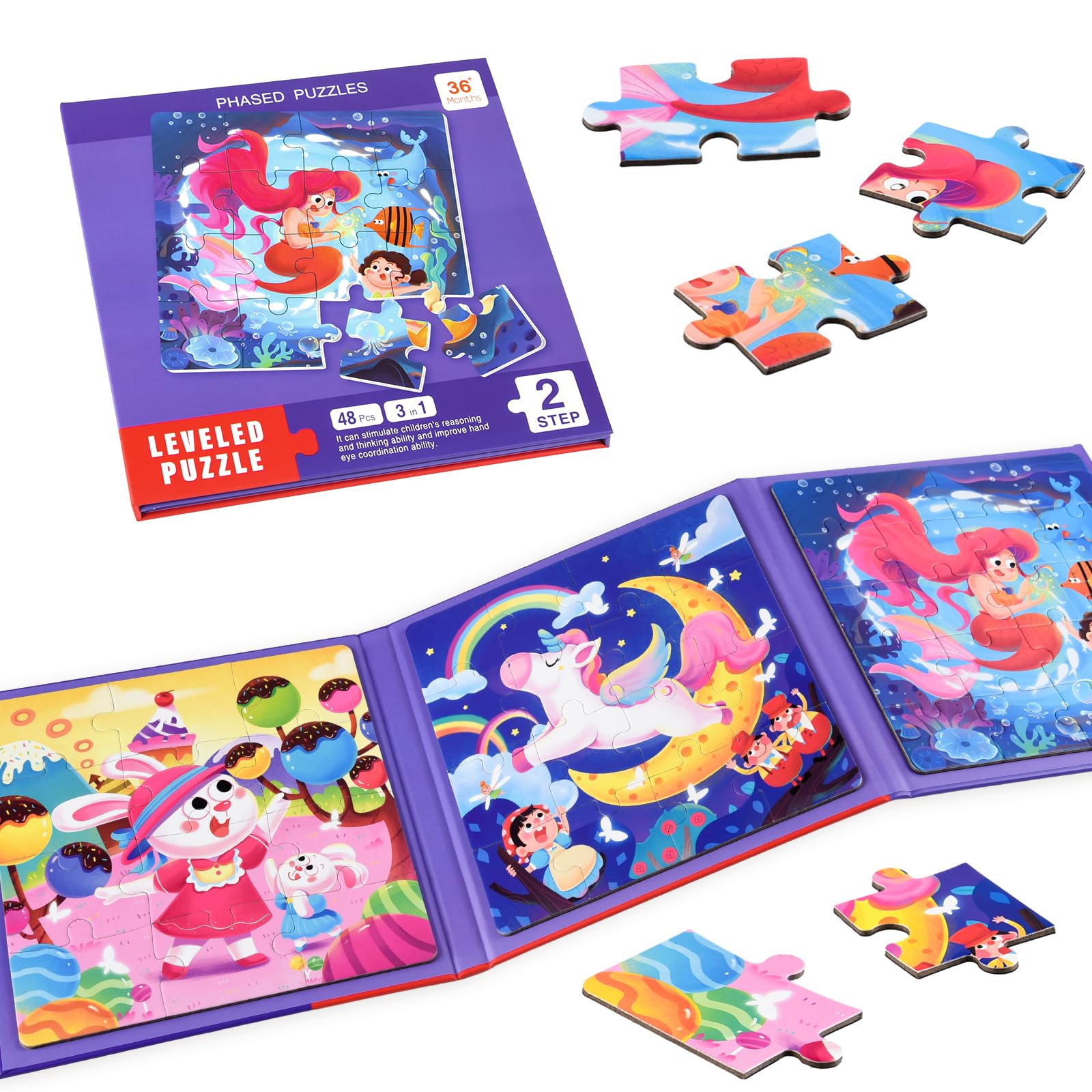 ASTARON Magnetic Puzzles for Toddlers, 12-16-20 Pieces Rabbit/Mermaid/Unicorn Learning Magnet Puzzles for Road Trip, Educational Travel Toys Car Plane Activities for Kids, Kids Birthday Gifts