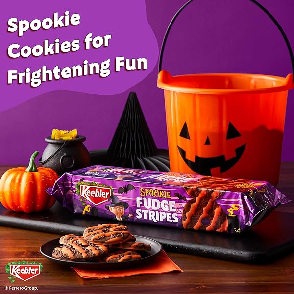 KEEBLER SPOOKIE FUDGE STRIPES, CHOCOLATEY VANILLA-FLAVORED COOKIES WITH ORANGE STRIPES, 9.5 OZ PACK