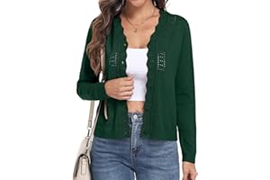 PrinStory Lightweight Long Sleeve Cardigan for Women V Neck Scalloped Edge Knit Cropped Open Front Sweater Cardigans
